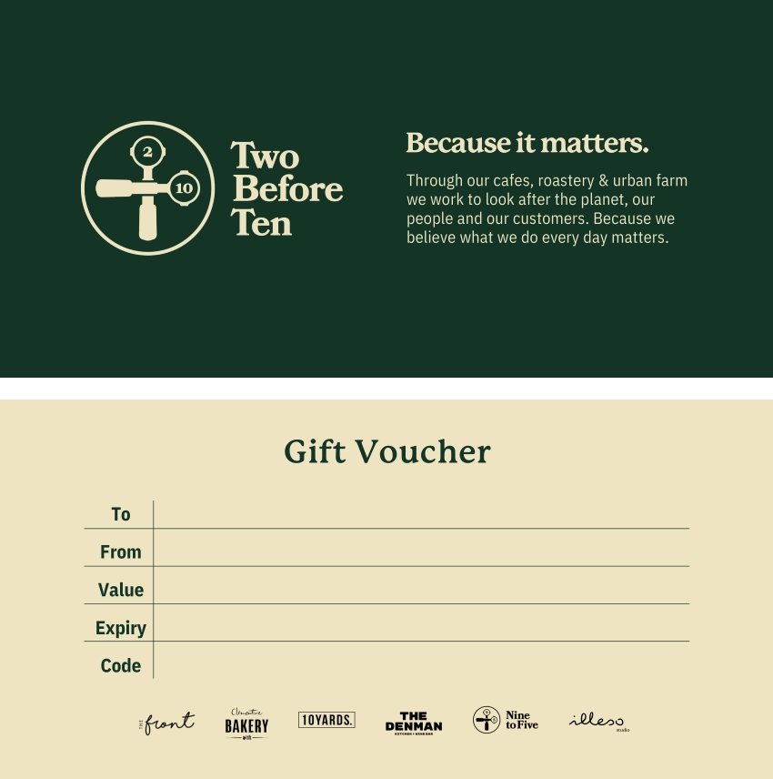 Gift vouchers for Two Before Ten and Urban Farm Goods